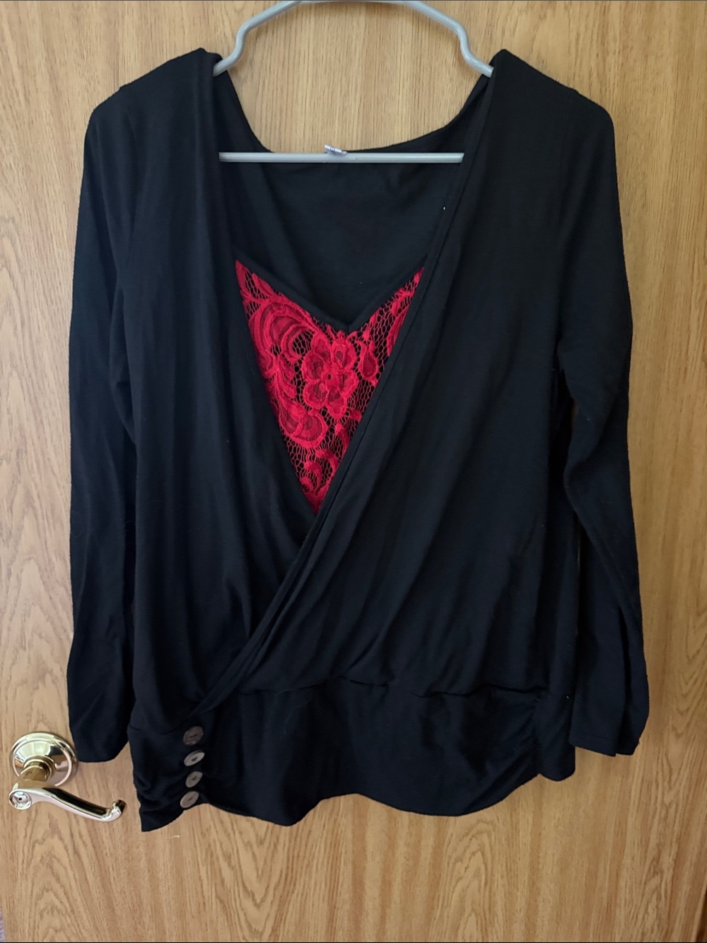 Black Wrap-Style Tunic with Red Lace Inset